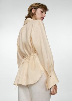 Linen shirt with bow detail Formal Collared Linen Top, Chic Linen Top With Spread Collar, Collared Linen Blouse For Fall, Elegant Linen Collared Shirt, Spring Linen Blouse With Spread Collar, Chic Linen Fall Shirt, Chic Beige Spread Collar Top, Elegant Formal Linen Tops, Elegant Long-sleeved Linen Shirt