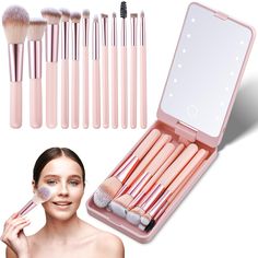 PRICES MAY VARY. 12 Pcs Comprehensive Travel Brush Set: this travel brush set consists of 12 pcs mini brushes, including a basic flat foundation brush and a large brush, as well as an eyeshadow brush, concealer brush, blush brush, mascara brush and some detail brushes; Multifunctional makeup brushes combine into a set to meet your makeup needs; The handle is ABS material, smooth and shiny, and the handle is easy to grip and not easy to fall off, helping you create a subtle makeup Convenient LED Makeup Brush Set Pink, Travel Size Makeup Brushes, Led Light Mirror, Travel Brush, Makeup Brush Case, Travel Makeup Brushes, Subtle Makeup, Light Mirror, Makeup Brush Kit