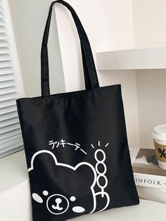 Black    Canvas Cartoon Letter Tote Bag    Kids Bags Canvas Cartoon, Robot Print, Cartoon Black, Cartoon Letters, Girls Cartoon, Black Tote, Shein Style, Shoulder Tote Bag, Shopper Bag