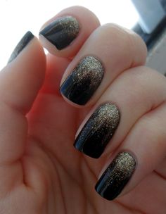 u/SeaCandiesTroy Black And Gold Ombré Nails, Half Glitter Nails, Black Nails Gold Glitter, Black Glitter Fade Nails, Black Gradient Nails Ombre, Gold Glitter Gradient Nails, Black Nails With Gold Glitter Ombre, Moms Nails, Grad Nails