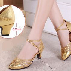 Heels Women Fashion, Gold Dance Shoes, Gold Low Heels, Gold Closed Toe Heels, Heels Closed Toe, Gold Dress Shoes, Ballroom Shoes, Ballroom Dance Shoes, Closed Toe Heels