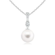 Crafted in silver, this pearl drop pendant is a dainty piece with oodles of sparkle. A Freshwater cultured pearl is connected to a prong set diamond station, hanging from a glistening single bale. The bale is studded with three pavé set diamonds, adding extra twinkle to this elegant pearl solitaire pendant. Pearl Drop Pendant, Solitaire Pendant, Pearl Pendant Necklace, Drop Pendant, Pearl Drop, Pearl Pendant, Diamond Pendant, Freshwater Pearls, 18k Gold