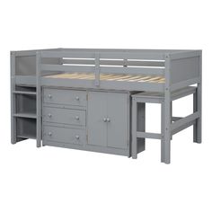 a gray bunk bed with drawers underneath it and an open drawer under the bottom shelf