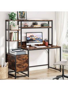 a desk with a computer on top of it in front of a book shelf filled with books