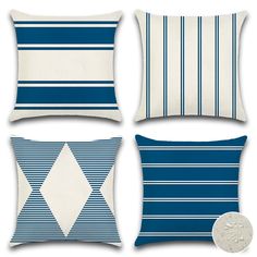 four pillows with blue and white stripes on the front, two in the back, and one in the middle