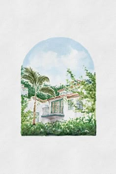 a watercolor painting of a house with trees and bushes