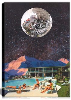 a disco ball floating in the air over a swimming pool with people sitting on lawn chairs