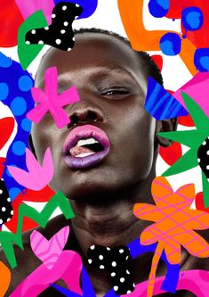 a woman with purple lipstick and black polka dots on her face is surrounded by colorful flowers