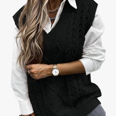 Amazon Women’s Black Cable Knit Sweater Vest Fitted Black Cable Knit Sweater, Casual Cable Knit Sweater Vest For Winter, Trendy Black Sweater Vest For Fall, Chic Chunky Knit Sweater Vest For Winter, Trendy Black Knit Sweater Vest, Black Trendy Knit Sweater Vest, Black Knitted V-neck Sweater Vest, Black V-neck Knitted Sweater Vest, Black Knitted Sweater Vest For Layering