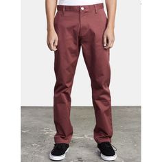 The Rvca Week-End Stretch Pant Delivers Clean Lines, Matched With Comfortable Stretch Fabric That Keeps Your Legs Moving Freely. Bringing Together Durable Chino Fabric And Timeless Design, The Mens Stretch Woven Pant Features A Straight Fit With A Medium Rise, Topped With Slash Pocketing At The Front And Welt Pockets At The Back. Features : Mens Woven Pant Stretch Blend Fabric Straight Fit Medium Rise Medium Leg Zipper Fly Closure Welt Pockets At Back Inseam: 31" Materials: 68% Cotton, 30% Polye Casual Burgundy Straight Leg Bottoms, Casual Burgundy Cotton Pants, Casual Burgundy Bottoms For Streetwear, Casual Burgundy Cotton Bottoms, Burgundy Straight Leg Cotton Bottoms, Burgundy Cotton Straight Leg Bottoms, Rvca Mens, Oxblood Red, Mens Straight Jeans