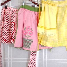 New, Never Used, '50's Vintage Cotton Aprons. White With Red Polkadots And Red Rick-Rack. Pink With Embroidered Flowers And Pots That Are Pockets. Yellow Gingham Hecked Has An Attached Towel. All Are Top Quality With Generous Waist Ties. Would Make Great Gifts. Selling Them All Together. 442-10 Vintage Half Apron, Yellow Apron, Towel Apron, Yellow Gingham, Retro Apron, Cotton Apron, Half Apron, Aprons Vintage, Rick Rack