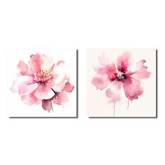 two pink flowers on white background with one large flower in the center and one small flower in the middle