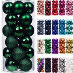 assortment of shiny christmas ornaments in plastic box with white background and color options for each ornament