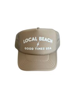 Local Beach Good Times USA Trucker Hat Beach days are the best days! This his or hers trucker is part of our Timeless Summer Collection. Cute and perfect for your next day in the sun. So light, medium profile and a perfect addition to your growing hat collection. 5 Panel Foam Mesh Back Trucker, Pro Style Adult Sizing 100% Poly Foam Front, 100% Nylon Back Summer Trucker Hat With Flat Brim, Summer Trucker Hat With 5-panel Design, Trucker Baseball Cap With Curved Bill For Beach, Summer Trucker Hat In 5-panel Style, Summer Trucker Hat 5-panel, Summer Trucker Hat 5-panel Style, Summer Travel Hat With Curved Bill, Spring Beach Trucker Snapback Hat, Summer Trucker Baseball Cap For Outdoor