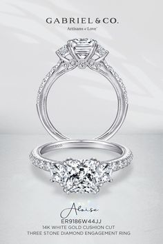 an advertisement for a diamond engagement ring with three stones on the band and two diamonds in the center