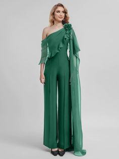 Fabric: Chiffon   Silhouette: Jumpsuits   Neckline: One-Shoulder   Hemline/Train: Ankle-Length   Embellishment:     Sleeve: Half Sleeves   Shown Color: Black Prom Romper, Mother Of The Bride Pantsuits, Bride Pantsuit, Teal Jumpsuit, Silver Jumpsuits, Jump Suits, Purple Jumpsuit, Saree Wearing, Saree Wearing Styles