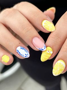 #fruitnails #lemonnails #yellownails #bluenails #whitenails #3dnails #3dnailart #nailtrends Positano Nails, Hand Painted Nail Art, Uñas Ideas, Lemon Nails, Formal Nails, Simple Gel Nails, Blue Nail Art, Painted Nail Art