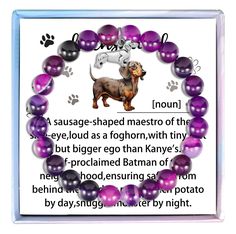 a purple beaded bracelet with an image of a dachshund