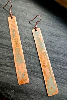 Long rectangle copper earrings with swirl patina  Metal alloy ear hooks can be replaced with sterling silver for a $5 fee. Just send me a message ♡ Patina Metal, Ear Hook, Copper Earrings, Jewelry Earrings Dangle, Swirl, Patina, Dangle Drop Earrings, Dangle Earrings, Etsy Accessories