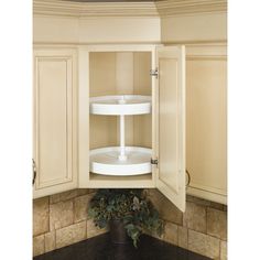 a corner shelf in the middle of a kitchen cabinet with a potted plant on it