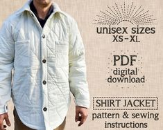 a man wearing a white jacket and tan pants with the text unisex sizes xs - xxl