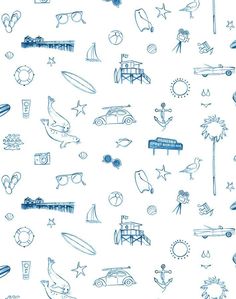 a blue and white background with various things drawn on it