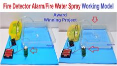 two plastic trays with wires connected to each other and the words fire detector alarm / fire water spray working model