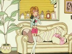 a cartoon girl standing in front of a couch talking on a cell phone with her hand up to her face