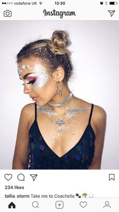 Halloween Mermaid Costume Makeup, Alien Make-up, Glitter Carnaval, Karneval Diy, Music Festival Makeup, Make Carnaval, Alien Makeup, Festival Make Up