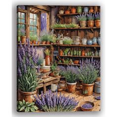 a painting of potted plants in front of a wooden shelf with pots and pans on it