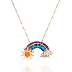 Trendsetting 925 Silver Rainbow Necklace Is A Fun Carefree Addition To Your Jewelry Collection. This Stylish Rainbow Necklace Is Made Of 925 Sterling Silver. Necklace And All Components Are 18k Rose Gold Plated Sterling Silver. Our Necklace Is Then Coated In Rhodium Which Helps To Retain Brightness Of The Necklace And Delays Oxidation. The Stones On The Shooting Star Pendant Are Zircon. The Chain Length Is 16" Long Plus A 2" Extension. Rainbow Sterling Silver Jewelry For Anniversary, Rainbow Sterling Silver Round Jewelry, Rainbow Round Sterling Silver Jewelry, Rainbow Colored Round Sterling Silver Jewelry, Rainbow Sterling Silver Jewelry For Jewelry Making, Multicolor Sterling Silver Necklace With Adjustable Chain, Rainbow Sterling Silver Jewelry As Gift, Rainbow Sterling Silver Jewelry Gift, Rainbow Colored Sterling Silver Jewelry Gift