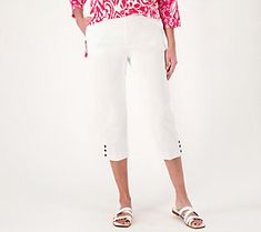 Elevate your warm weather work wardrobe with these classic capri pants. The button detail at the hem is a decorative touch that adds spice to this style. From Susan Graver. Susan Graver, Work Wardrobe, Slim Leg, Slim Legs, Button Detail, Warm Weather, Capri Pants, Happy Shopping, Capri