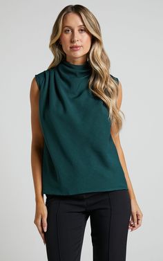 Arianae Top - High Neck Top in Forest Green | Showpo USA Dark Green Tops For Fall, Trendy Sleeveless Tops For Workwear, Chic Green Sleeveless Tank Top, Trendy Green Tank Top For Night Out, Green Stretch Tank Top For Fall, Trendy Green Top For Night Out, Elegant Green Stretch Tank Top, Green Stretch Tops For Night Out, Elegant Green Stretch Top