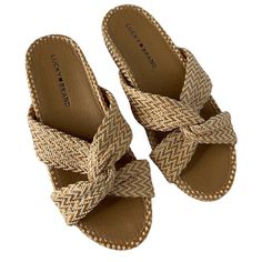 Lucky Brand Sandal Super Cute Knotted Straps Two Tone Sandals Size 8 Condition: New Without Tags! Beige Closed Toe Slides For Beach, Beige Closed Toe Slides For The Beach, Beige Closed-toe Slides For The Beach, Woven Straw Open Toe Slides, Comfortable Slip-on Sandals With Braided Straps, Beige Round Toe Slides For Vacation, Spring Open Toe Slides With Braided Straps, Summer Woven Slides, Brown Straw Slip-on Sandals