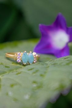 The Bitty Leaf Ring combines beautiful and unexpected colors in a dainty leaf-inspired design. Two marquis-cut gemstones are flanked by tiny crystals. - Pure brass plated in 18 kt gold with e-coating - Amazonite with pink zircon, citrine with white topaz, or peridot with amethyst - Ethically handmade in India Pink Zircon, Peridot Color, Handmade Bath Products, Leaf Ring, Sustainable Gifts, Signature Look, Dainty Ring, Inspired By Nature, Precious Gemstones