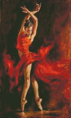 a painting of a ballerina in an orange dress