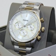 Sale! Fossil Silver Gold Two Tone Mens Watch - Band New With Tags! - Limited Quanity -100% Authentic - Full Retail Package With All Accesories "Let Your Wardrobe Reflect Your Happiness!" :) - M About The Watch: Case Size: 45mm Water Resistance: 5 Atm Strap Width: 24mm Strap Inner Circumference: 200+/- 5mm Timeless Silver Chronograph Watch With Analog Display, Elegant Silver Chronograph Watch With Analog Display, Silver Chronograph Watch With Leather Strap, Timeless Silver Chronograph Watch In Stainless Steel, Timeless Silver Chronograph Watch, Classic Silver Chronograph Watch With Analog Display, Timeless Silver Chronograph Jewelry And Watches, Timeless Silver Stainless Steel Chronograph Watch, Silver Chronograph Watch With Analog Display