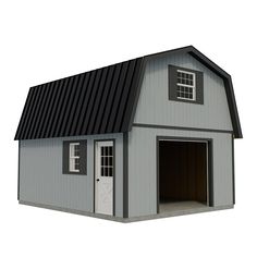 a small gray barn with a black roof