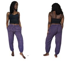 MADE WITH FAIR TRADE LOVE IN NEPAL  MATERIAL: 100% Midweight Cotton COLOURS: Turqoise, Green. Purple, Red, Green/Maroon SIZE:  S/M, M/L, L/XL This item has an elasticated waist so can fit nicely a range of sizes so for an average build your height will determine what size you buy. If you have a larger waist/girth you will need to size up.  These are approximate waist stretch sizes and length:  Length around 39 inch elastic bottom so easily shortened. Elasticated Waist S/M to 38 inch waist. M/L t Fitted Casual Harem Pants For The Beach, Fitted Casual Harem Pants For Beach, Casual Fitted Harem Pants For Beach, Casual Purple Harem Pants For Summer, Blue Casual Harem Pants For Yoga, Casual Blue Harem Pants For Yoga, Trousers Women, Fair Trade, Nepal