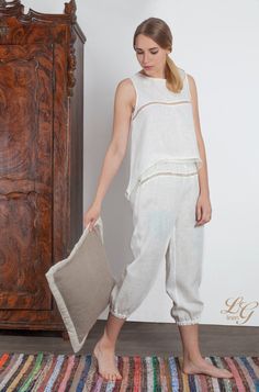 "Cropped linen trouser with pure linen lace curved insert at top. At the legs bottom - inserted elastic. Trouser inseam length - 60cm ( 24\"). If you need some other size or length - please ask me. Fabric quality washed and softened, should not shrink anymore. For this item I recommend machine handwashing program, no dryer, iron if needed while damp. CARE RECOMMENDATION FOR ITEMS WITH LINEN LACES: after washing repair and stretch laces and attaching seams by hands and dry item hanging or flatly. Linen Pajama Set, Lace Insert Top, Linen Sleepwear, Cropped Linen Trousers, Linen Pajamas, Linen Crops, Women's Nightgowns, Womens Pyjama Sets, Home Wear