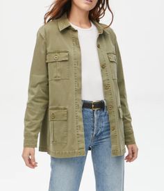 Laid back utility style jacket with exposed pockets and button closure.  Jacket can be belted or left open. Details 98% Cotton, 2% Spandex Machine Washable TTS Utility Style, Michael Stars, Work Wardrobe, Utility Jacket, Small Tops, Spandex, Wardrobe, Green, How To Wear