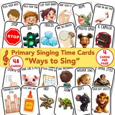 there are many cards with pictures of animals and words on them that say, primary singing time cards ways to sing