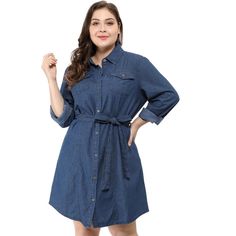 This denim shirt dress is a timeless and versatile addition to any wardrobe. The classic design features a button-front closure, a collar neckline, and long sleeves for a casual yet polished look. The midi-length cut keeps it playful and comfortable, while the denim material ensures durability and comfort. Whether you dress it up with heels or keep it casual with sneakers, this dress is perfect for any occasion. Pair it with a belt to cinch this waistline, or wear it loose for a more regular fit Denim Shirt Dress Women, Jean Shirt Dress, Women's Plus Size Jeans, Plus Size Summer Dresses, Midi Denim, Denim T Shirt, Dresses Blue, Denim Shirt Dress, Dress Shirts For Women