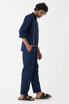 Navy poplin shirt with ivory piping detailing. Comes with pant with front pleats. - Aza Fashions Cotton Workwear Sets With Pockets, Cotton Sets With Pockets For Workwear, Tailored Cotton Sets For Work, Plain Shirt, Pant Sets, Plain Shirts, Roll Up Sleeves, Poplin Shirt, Shirt And Pants