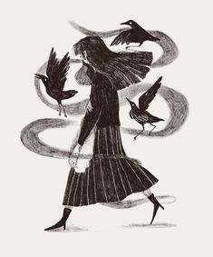 a drawing of a woman walking with two birds on her shoulder and one bird flying in the air