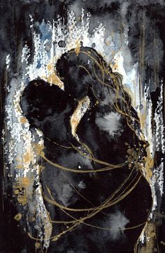 a painting of two people embracing each other with gold paint splatters on them