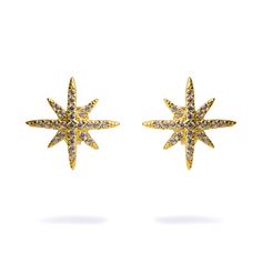 Bring the magic and sparkle of the stars to your style with the Guidance North Star Gold & Diamond Stud Earrings. These stunning earrings are 18k gold-plated on sterling silver and adorned with radiant diamonds, capturing the brilliance and mystery of the North Star.  Perfect for adding a touch of celestial elegance to any outfit, these earrings will illuminate your look with their dazzling beauty and timeless charm. Details 18k gold plated on Sterling Silver Cz Diamonds Avoid contact with chemicals, makeup, parfume. Do not use dips or abrasive cleaners on earrings. To clean and brighten it up your earrings, wipe them gently with jewelry polishing cloth. Gold Celestial Earrings For Formal Occasions, Gold Star-shaped Jewelry With Sparkling Stones, Celestial Star-shaped Sparkling Earrings, Gold Star Jewelry With Sparkling Stones, Celestial Yellow Gold Cubic Zirconia Earrings, Sparkling Star-shaped Celestial Earrings, Elegant Star-shaped Gold Plated Earrings, Elegant Gold-plated Star Earrings, Elegant Gold Plated Star Earrings