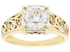 Moissanite Fire(R) 2.88ctw diamond equivalent weight square octagonal Inferno cut(TM) and round brilliant, 14k yellow gold over sterling silver ring. Measures approximately 5/16" L x 1/16" W and is not sellable. Actual moissanite weight is 2.34ctw. Jewelry Television, Jtv Jewelry, Cultured Pearls, Gemstone Colors, Round Brilliant, Timeless Beauty, Sterling Silver Ring, Silver Ring, Sterling Silver Rings