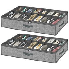 two gray storage boxes filled with shoes