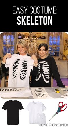 two women standing next to each other in front of a table with skeleton shirts on it